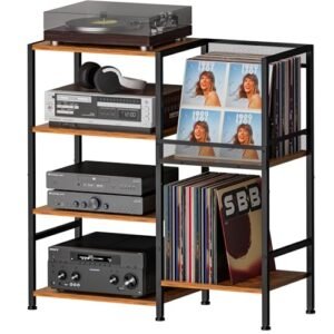 Mesa de console de mídia, suporte estéreo com prateleira de toca-discos, mesa de 4 níveis com suporte de armazenamento de discos de vinil, prateleira de prateleira de áudio e vídeo/suporte para (Equipamentos)