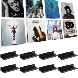 BiJun Suporte de parede de vinil, pacote com 8, suporte de disco de vinil de metal, prateleira minimalista para exibição de álbuns e armazenamento para audição diária, preto (Equipamentos)