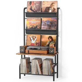Suporte para toca-discos, prateleira de exibição de disco de vinil, suporte para toca-discos de mesa grande organizador de gabinete de reprodutor de discos, console de mídia, suporte AV de áudio (Equipamentos)
