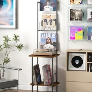 Suporte para Toca-Discos de 2 Níveis com Armazenamento de Vinil, Exibe Até Três Capas de Álbuns, Adequado para Armários de Exibição de Discos na Sala de Estar, no Quarto e no Escritório (Equipamentos)