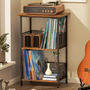 Leitor de discos com suporte para até 200 álbuns, mesa de armazenamento de vinil com mesa de madeira estendida, suporte para toca-discos para álbuns, suporte de vinil para mesa de canto para quarto e (Equipamentos)