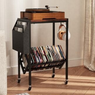 FeouBlf Suporte para toca-discos vintage, grandes álbuns de armazenamento de discos de vinil, suporte resistente para toca-discos com armazenamento de vinil e suporte de revista, gancho para fone de (Equipamentos)