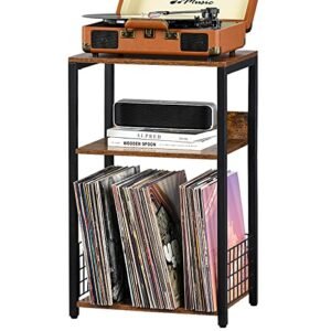 LELELINKY Mesa de canto de 3 níveis, suporte para toca-discos com armazenamento de até 100 álbuns, suporte para toca-discos de vinil, prateleira marrom para sala de estar e quarto (Equipamentos)