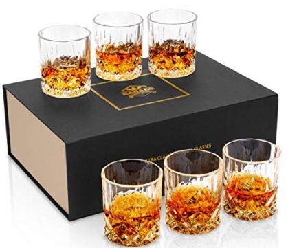 KANARS Conjunto de 6 copos de uísque com caixa de presente elegante, copo de vidro de cristal antiquado premium de 293 ml para bebidas alcoólicas, uísques, coquetéis ou bourbon, presentes para