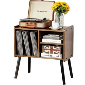 Suporte para toca-discos, mesa de toca-discos de meados do século com capacidade para até 150 álbuns, armário de disco de vinil com prateleiras ajustáveis, suporte de toca-discos de madeira para sala