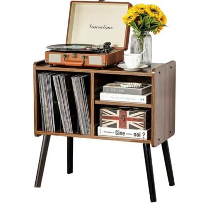 Suporte para toca-discos, mesa de toca-discos de meados do século com capacidade para até 150 álbuns, armário de disco de vinil com prateleiras ajustáveis, suporte de toca-discos de madeira para sala