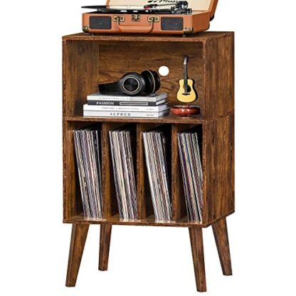 Lerliuo Suporte para toca-discos, suporte marrom para toca-discos com capacidade para até 160 álbuns, mesa de armário de vinil de meados do século com pernas de madeira maciça, suporte de toca-discos (Equipamentos)