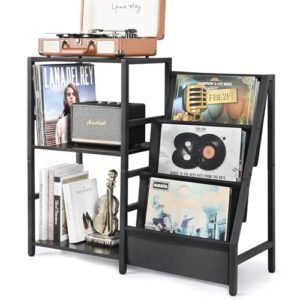 Bikoney Suporte para toca-discos, suporte de toca-discos com armazenamento de discos de vinil de 3 níveis, mesa de toca-discos de até 200 álbuns, mesa de canto para discos, suporte de disco de vinil (Equipamentos)
