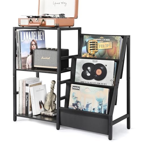 Bikoney Suporte para toca-discos, suporte de toca-discos com armazenamento de discos de vinil de 3 níveis, mesa de toca-discos de até 200 álbuns, mesa de canto para discos, suporte de disco de vinil (Equipamentos)