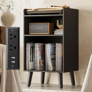 astimey Suporte para toca-discos, toca-discos com armazenamento de discos, estação de carregamento e portas USB, mesa de toca-discos com divisor de metal, suporte para até 160 álbuns para sala de (Equipamentos)