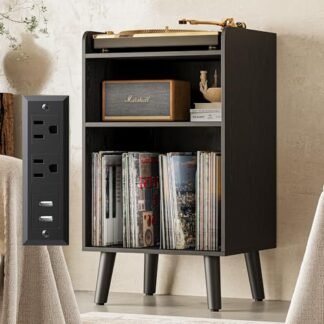 astimey Suporte para toca-discos, toca-discos com armazenamento de discos, estação de carregamento e portas USB, mesa de toca-discos com divisor de metal, suporte para até 160 álbuns para sala de (Equipamentos)