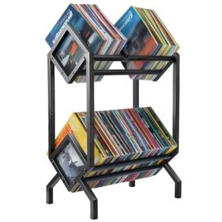 Rack de armazenamento de discos de vinil, organizador de álbuns de metal de 2 camadas com tela inclinada, comporta 160 a 200 LPs, suporte de disco preto clássico para sala de estar e colecionadores (Equipamentos)