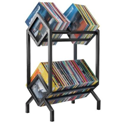Rack de armazenamento de discos de vinil, organizador de álbuns de metal de 2 camadas com tela inclinada, comporta 160 a 200 LPs, suporte de disco preto clássico para sala de estar e colecionadores (Equipamentos)
