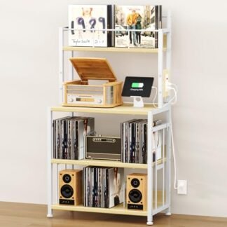EasyCom Suporte para toca-discos com armazenamento de vinil, suporte para toca-discos com capacidade para até 300 álbuns, mesa grande para toca-discos com estação de carregamento, suporte de disco de (Equipamentos)