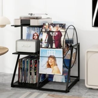 Suporte para toca-discos com roda gigante para exibição de vinil, suporte para toca-discos com prateleira de armazenamento de vinil, armário de discos, mesa vintage para sala de estar, quarto, estúdio (Equipamentos)