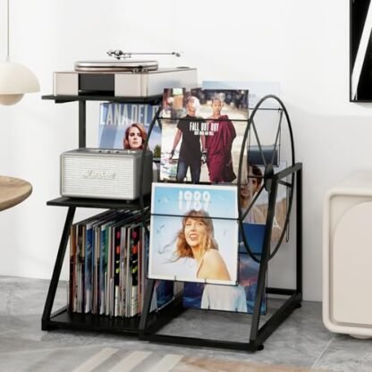 Suporte para toca-discos com roda gigante para exibição de vinil, suporte para toca-discos com prateleira de armazenamento de vinil, armário de discos, mesa vintage para sala de estar, quarto, estúdio (Equipamentos)