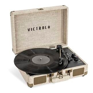 Victrola Journey+ toca-discos emblemáticos – 33-1/3, 45 e 78 RPM Mala de vinil toca-discos de vinil, conectividade Bluetooth e alto-falantes embutidos, saída RCA estéreo, acabamento de linho (creme)