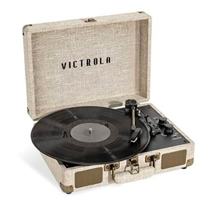 Victrola Journey+ toca-discos emblemáticos – 33-1/3, 45 e 78 RPM Mala de vinil toca-discos de vinil, conectividade Bluetooth e alto-falantes embutidos, saída RCA estéreo, acabamento de linho (creme)