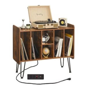 Suporte grande para toca-discos com armazenamento de vinil, mesa marrom retrô com porta de alimentação e USB, comporta até 200 álbuns, suporte para toca-discos com armazenamento de discos, armário de (Equipamentos)