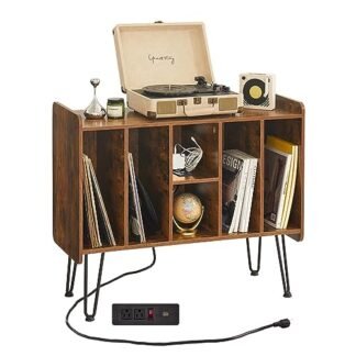 Suporte grande para toca-discos com armazenamento de vinil, mesa marrom retrô com porta de alimentação e USB, comporta até 200 álbuns, suporte para toca-discos com armazenamento de discos, armário de (Equipamentos)