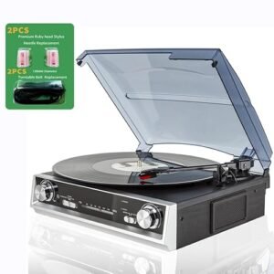 Toca-discos de vinil, discos de vinil com alto-falantes embutidos, 3 velocidades, fonógrafo vintage com acionamento por cinto, rádio FM, conector de saída de música de 3,5 mm, saída de linha, conector