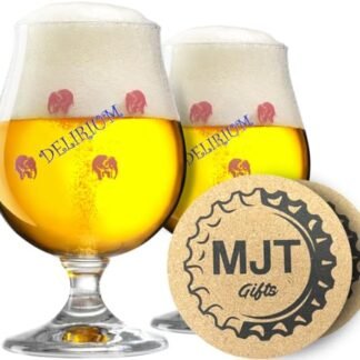 MJT Gifts Delirium Tremens Copos de cerveja belga com porta-copos de cerveja - 0,25 litros - pacote com 2 (Cervejas)