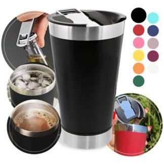 Copo Térmico de Aço Inox 500ml com Abridor e Tampa - Conserva a Temperatura de Bebidas como Chopp, Cerveja, Refrigerante e Café (Preto) (Cervejas)