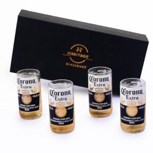 Habitage Upcycled Corona Conjunto de 4 copos extra com caixa de presente | Vidro ecológico feito à mão a partir de garrafas de cerveja | Ideal para cerveja, coquetéis, sucos, vitaminas | Ótimo para (Cervejas)