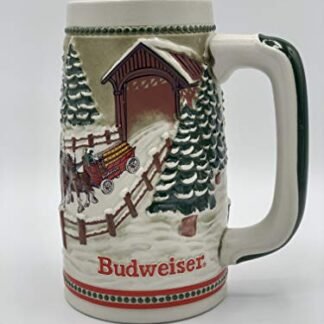 Caneca Budweiser Beer Stein Holiday 1984 Clydesdales enquanto cruzavam a ponte coberta (Cervejas)