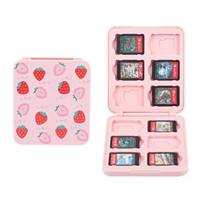 FUNDIARY Pink Strawberry Card Case for Nintendo Switch and Switch OLED Games, Cute Magnetic Card Cartridge for 12 Game Card and 12 SD Card, Hard Storage Case with 12 Game Card Slots (Brinquedos)