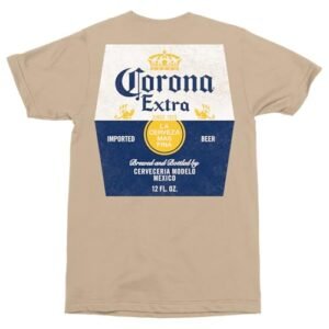 Camiseta masculina Corona Extra Beer Label estampa frontal e traseira areia manga curta estilo vintage, Arena, G (Cervejas)