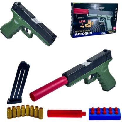 Pistola de Brinquedo Super GL, 32 cm, Verde e Preto, com Dardos, Cápsulas e Silenciador (Brinquedos)