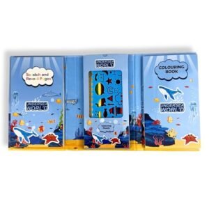 Kit Criativo de Colorir 4 Temas Espaço, Dinossauros, Coelhinhos e Fundo do Mar com Lápis de Cor Régua de Desenho e Bloco Mágico Volta as Aulas Escolar Infantil (Azul Fundo do Mar) (Brinquedos)