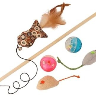 Kit brinquedos de gato - varinha peixe com penas, bolinhas com chocalho e ratinhos de pelúcia (Brinquedos)