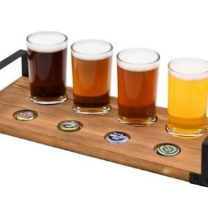 OwlGift Wood Craft Beer Flight com tampa de garrafa de armazenamento conjunto de bandeja de amostra com 4 copos e alças de metal preto - marrom escuro (Cervejas)