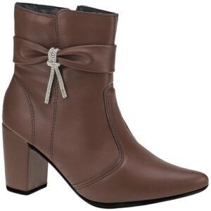 Bota Feminina Bico Fino com Zíper Lateral Cano Curto Salto com Acessório Lacinho 204 (Café, BR, Adulto, Numérico, 37) (Café)