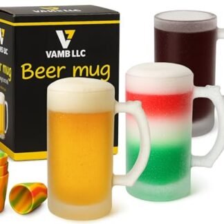 VAMB LLC Caneca de cerveja grande fosca segura para freezer, caneca de cerveja pesada com alça e 2 cubos de gelo de aço inoxidável para homens, caneca de 473 ml (2 dados para beber incluídos) (Cervejas)