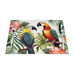 Jogo americano de tecido de PVC, conjunto de 1 peça, jogo americano tucano, papagaio, folhas de palmeira, para mesa de jantar, resistente ao calor, antiderrapante, tapetes de cozinha laváveis para (Café)