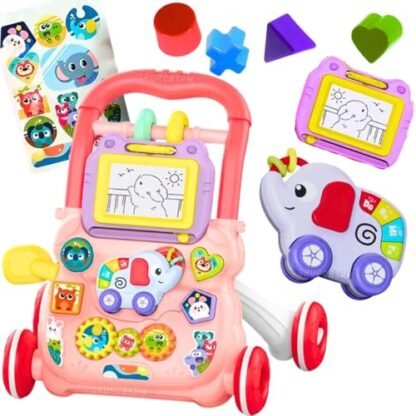 Kit carrinho de passeio infantil andador bebe carro de empurrar que vira mesa com atividades didático educativo + lousa magica + brinquedo musical teclado com som, menina, menino 1 ano (Rosa) (Brinquedos)