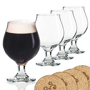 ECODESIGN-US Copo de cerveja estilo belga tulipa com haste - Copos de cerveja lambic de 473 ml - conjunto de 4 com porta-copos (Cervejas)