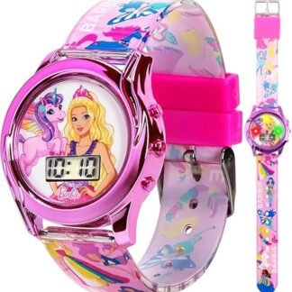 Relógio digital infantil Mattel Barbie LCD com bisel curvo, luzes de mostrador piscando e pulseira rosa impressa com gráficos Barbie e unicórnio para maiores de 4 anos, serve para pulsos de 14 a 20 cm (Brinquedos)