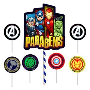 Topo de Bolo Vingadores Parabéns - 7 Itens (Brinquedos)
