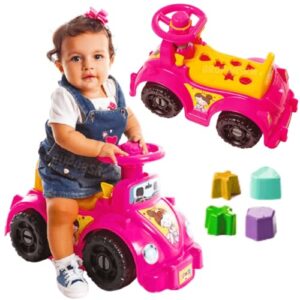 Kit andador infantil totokinha bebe carrinho de passeio totoka triciclo patrulha carro fusca + brinquedo bebê blocos didaticos brinquedos pedagogicos jogos educativos crianças 1 ano (Rosa/Amarelo) (Brinquedos)