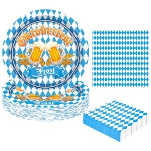 50 conjuntos de pratos e guardanapos de festa Oktoberfest, prato de papel descartável para festival de cerveja de 23 cm, decorações redondas de festa alemã, conjunto de utensílios de mesa xadrez com (Cervejas)