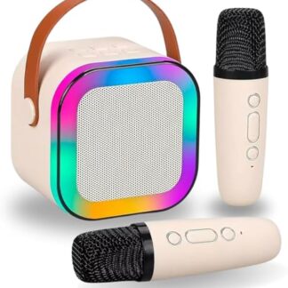 Karaokê Infantil com 2 Microfones Recarregáveis – Bluetooth, Modos de Voz Divertidos, Luzes LED e Caixa de Som – Brinquedo Musical Educativo - Presente para Crianças e Meninas/Meninos (Bege) (Brinquedos)