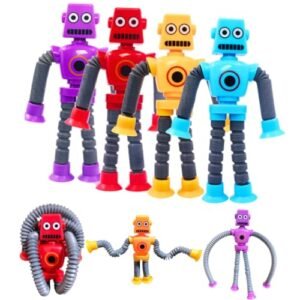 Kit 4 Robô Estica e Gruda Pop Tube Pop It Led Luzes Pisca Brinquedo Turbo Cartoon Criativo Sensorial Ventosa (Brinquedos)