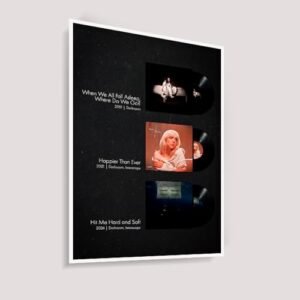 Quadro Decorativo Sem ou Com Moldura Música Cantora Billie Eilish Discografia (Moldura Branca) (Discos de Vinil)