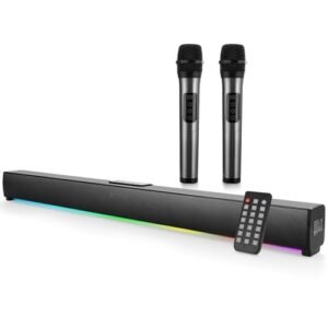 Soundbar RGB com Dois Microfones Sem Fio – 50W RMS, Caixa de Som Bluetooth para Home Theater, Karaokê Familiar, Som para TV com Visor Digital (Equipamentos)