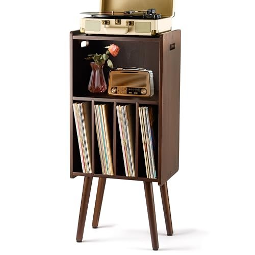 Suporte de madeira para toca-discos LP, suporte para toca-discos de 3 níveis, comporta até 100 álbuns, suporte de armazenamento de discos e mesa organizadora, suporte de toca-discos moderno de meados (Equipamentos)