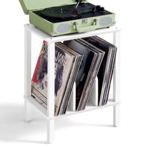 LELELINKY Suporte para toca-discos de 2 camadas com armazenamento de discos de vinil de até 100 álbuns, porta-discos de quarto e mesa de canto multifuncional para sala de estar, branco (Equipamentos)